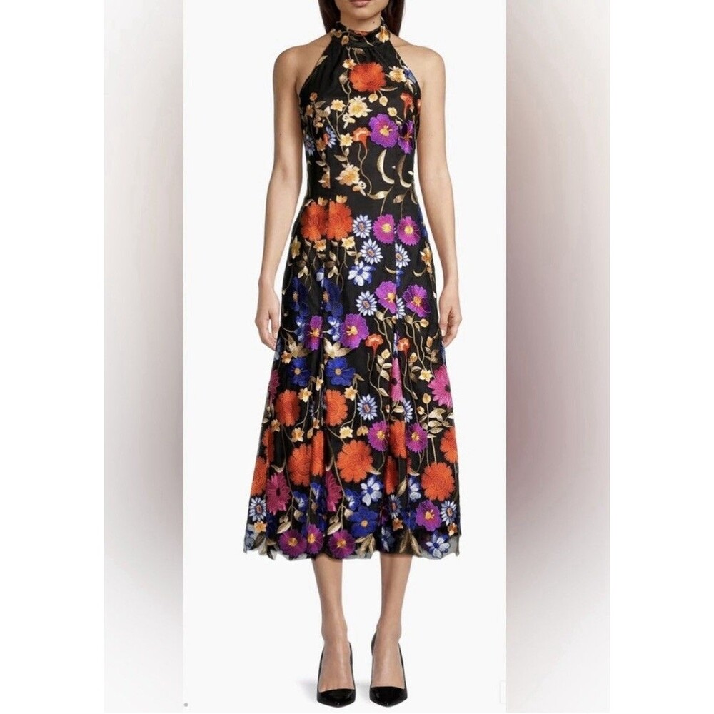 NEW Milly Penelope Floral Embroidered Lace Halter Dress Fall Foliage Midi 6